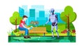 Human and robot sharing a bench in a park, futuristic interaction. vector design Generative AI Royalty Free Stock Photo