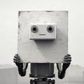 Emotive Packaging Robot With Blank Sign In Distinctive Black And White Style