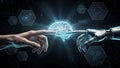 Human and Robot Touching a Glowing Digital Brain Representing Artificial Intelligence, Future Technology, and Human Machine Royalty Free Stock Photo