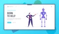 Human and Robot Website Landing Page. Businessman Push Red Button on Remote Control to Make Huge Robot Moving