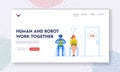 Human and Robot Work Together Landing Page Template. Cyborg and Woman Hiring. Female Character and Android Wait Hire