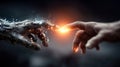 Human and Robotic Hand Connection, Artificial Intelligence AI Collaboration, Technology and Humanity Royalty Free Stock Photo