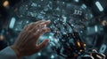 Human and Robotic Hand Interaction with Futuristic Holographic Interface Representing AI Collaboration Royalty Free Stock Photo