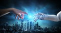 Human And Robotic Hand Touching Fingers