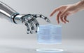 Human and robot hands interacting with holographic data cube for ai development. Royalty Free Stock Photo