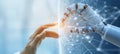Human and robotic hands connecting in digital world with swirling data code background