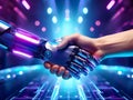 Human hand shaking robotic hand with futuristic technology background â AI generated Royalty Free Stock Photo