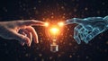 Human and robotic hands touching with glowing light bulb Royalty Free Stock Photo
