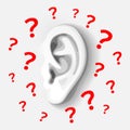Human`s ear in gray colors, and plenty of red question marks Royalty Free Stock Photo