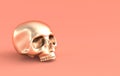 Human scull 3d rendering. Golden death`s-head on pink background. Scary halloween dead skeleton head symbol