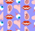 Human sensory organs pattern seamless. Nose, ear, eye, mouth. Anatomy background