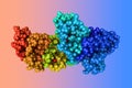 Human serum albumin. Space-filling molecular model. Rainbow coloring from N to C. 3d illustration