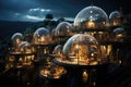 human settlement in alien world with green plants. Glass dome habitat. Generative AI