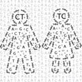 Human shaped out of chromosomes and nucleotides representing their genetic code