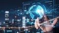Human Hand Interacting with Glowing Digital Earth Network and Futuristic Data Interface Royalty Free Stock Photo
