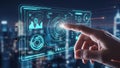 Human Hand Interacting with Transparent Futuristic Digital Dashboard Displaying Data Analytics and Graphs Royalty Free Stock Photo