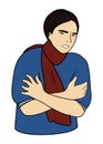 Human sick, ill or disease. Cartoon character demonstrating symptoms of freeze or chills. Flat vector illustration portrait.