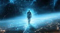 Human Silhouette Walking on a Global Technology Grid, Symbolizing Future Digital Communication Royalty Free Stock Photo