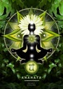 Heart chakra meditation in yoga lotus pose, in front of anahata chakra symbol and calming, green ferns. Royalty Free Stock Photo