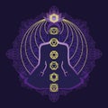 Human silhouette in yoga pose with chakras Royalty Free Stock Photo