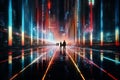 human silhouettes at futuristic city. skyscrapers at night, cyberpunk, neon colors Royalty Free Stock Photo