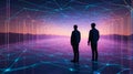 Human silhouettes immersed in a digital landscape where interconnected, holographic pathways stretch into the distance Royalty Free Stock Photo