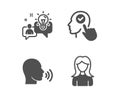 Human sing, Idea and Select user icons. Woman sign. Talk, Solution, Head with checkbox. Girl profile. Vector