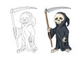 Human Skeleton in Black Robe Standing with Scythe, cartoon Character