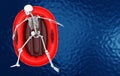 3d rendering. A human skeleton bone lying on red life rescue boat alone on blue water surface background. with clipping path Royalty Free Stock Photo