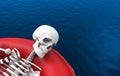 3d rendering. A human skeleton bone lying on red life rescue boat alone on blue water surface background. with clipping path Royalty Free Stock Photo