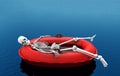 3d rendering. A human skeleton bone lying on red life rescue boat alone on blue water surface background. with clipping path