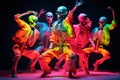 Human Skeleton Dancers Dance In Neon Colors At A Show Performance. Modern Break Dancing Performed By Fashionable And