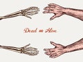 Human and Skeleton hands. Bony arm. Dead and alive concept for halloween banner or poster. Drawn engraved monochrome Royalty Free Stock Photo