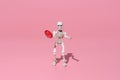 skeleton on a pink background holding a red pill Royalty Free Stock Photo