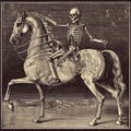 Human skeleton rides a horse, drawing, vintage engraving style,