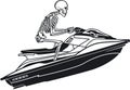 Human skeleton riding water jet ski