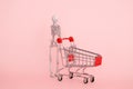 Skeleton with shopping trolley on a pink background selective focus