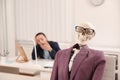 Human skeleton with suit and glasses. Space for text