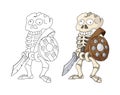 Human Skeleton Warrior Standing with Sword and Shield, cartoon Character