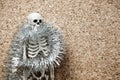 The human skeleton is wrapped with shiny New Year`s decoration on the left of it is the free surface of a beige flower