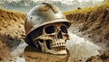 Human Skull with Army Helmet in a Muddy Trench - Generative Ai