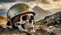 Human Skull with Army Helmet in a Muddy Trench - Generative Ai