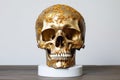 a human skull covered in gold leaf, placed on a white pedestal