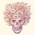 Human skull with flowers wreath on head. Hand drawn vector illustration