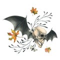 Human skull flying with bat wings, night moths and autumn maple leaves. Hand drawn watercolor illustration for Halloween