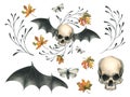 Human skull flying with bat wings, night moths cobwebs, and autumn maple leaves. Hand drawn watercolor illustration for