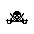 Human skull in full face and crossed sabers behind. Pirate sign and symbol for design. Isolated illustration in flat style on