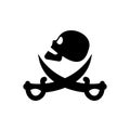 Human skull in profile and crossed sabers. Pirate sign and symbol for design. Isolated illustration in flat style on white