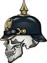 Human skull wearing Pickelhaube style military helmet