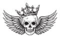Human Skull With Wings And Crown For Tattoo Design.